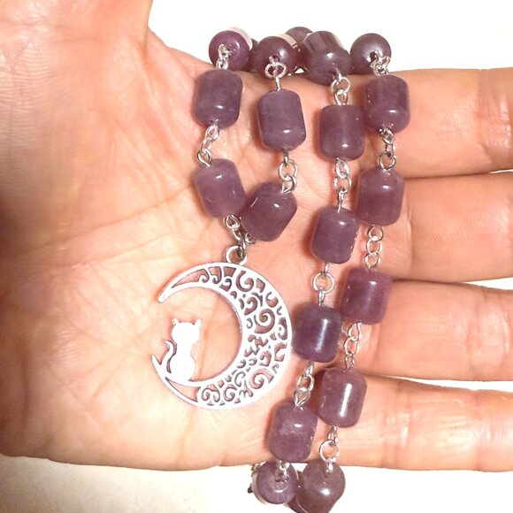 Genuine Magenta Chalcedony Short Necklace, Gemstone & Cat on the Moon Charm - Picture 14 of 14